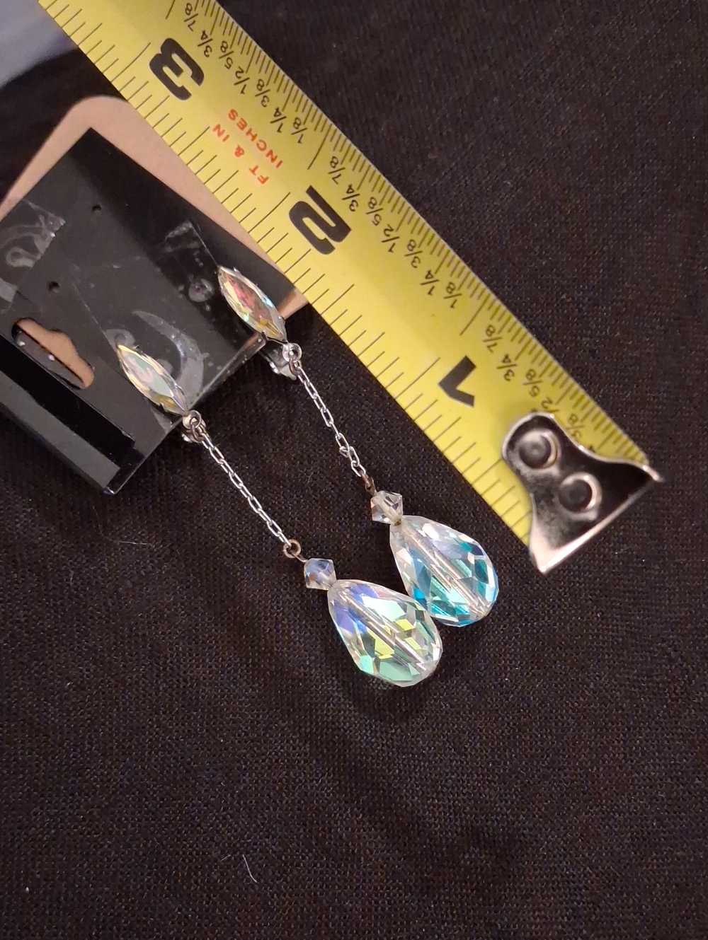 Vintage Clip Silver Crystal Dangle Earrings in Iridescent Clear - Picture 5 of 9